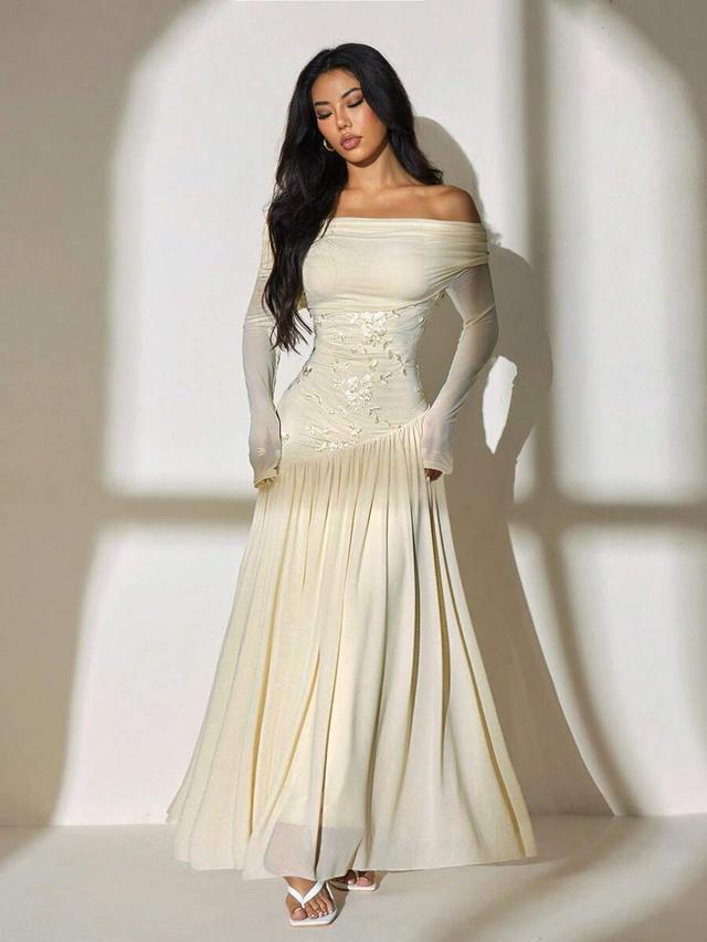 cream white embroidered mesh long sleeve formal dress
