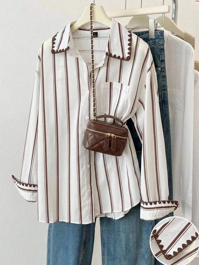 embroidered brown striped patchwork long-sleeved fashion shirt