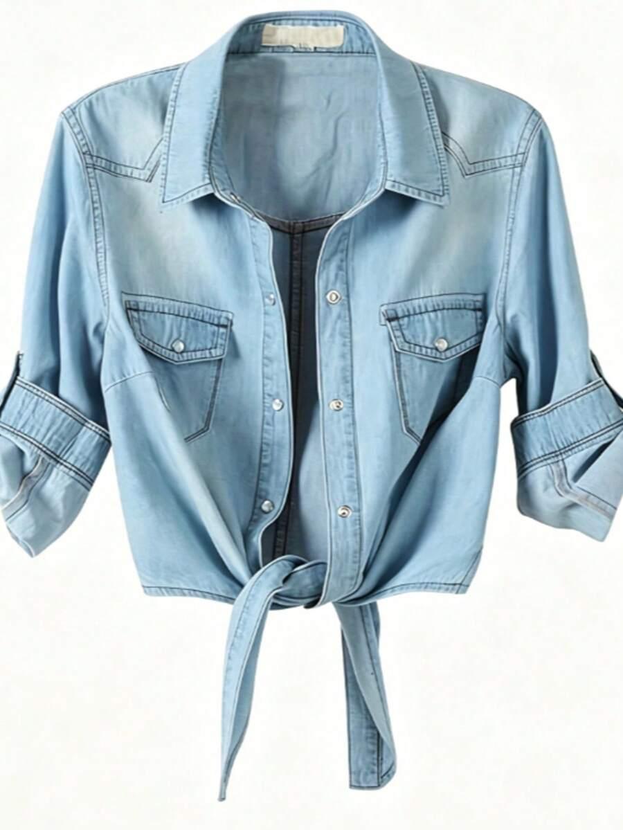 light wash denim tie front western shirt