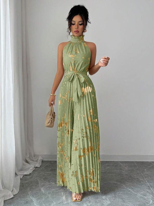 sage green pleated halter neck wide leg jumpsuit