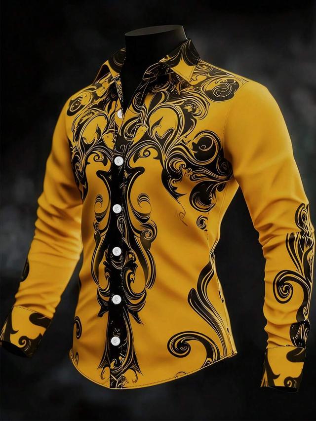 men's retro geometric print long sleeve button-down shirt