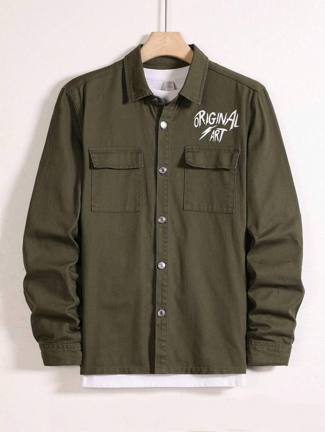 olive green button-front denim shirt with graphic print