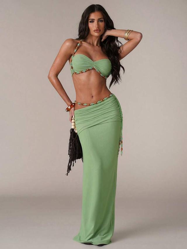 women's casual ruched waist chain decor maxi skirt