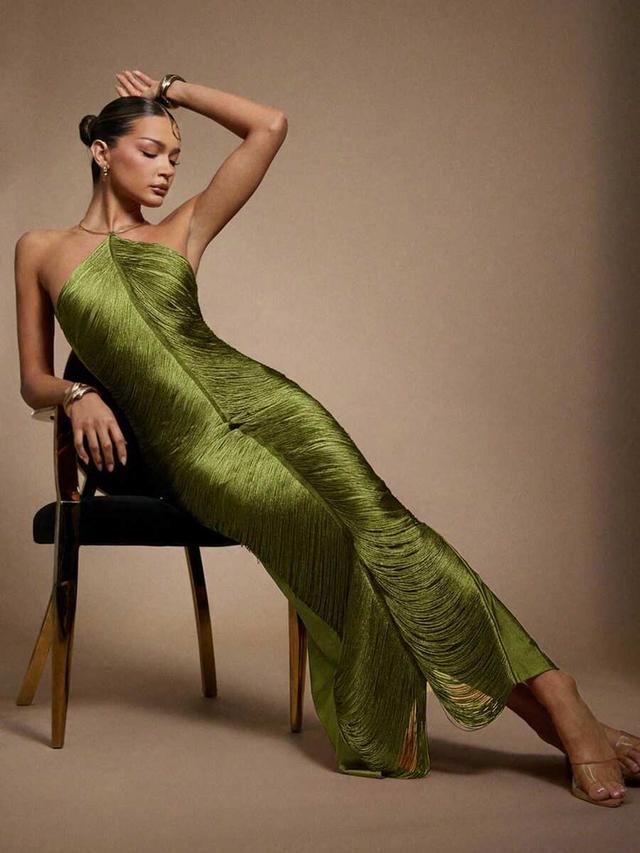 olive green silk fringe halter evening dress