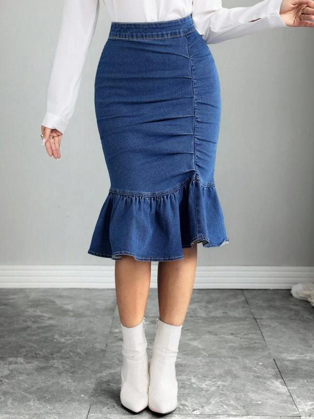 ruched denim mermaid skirt with ruffled hem