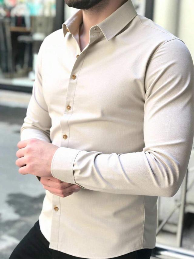 beige linen blend long sleeve casual shirt