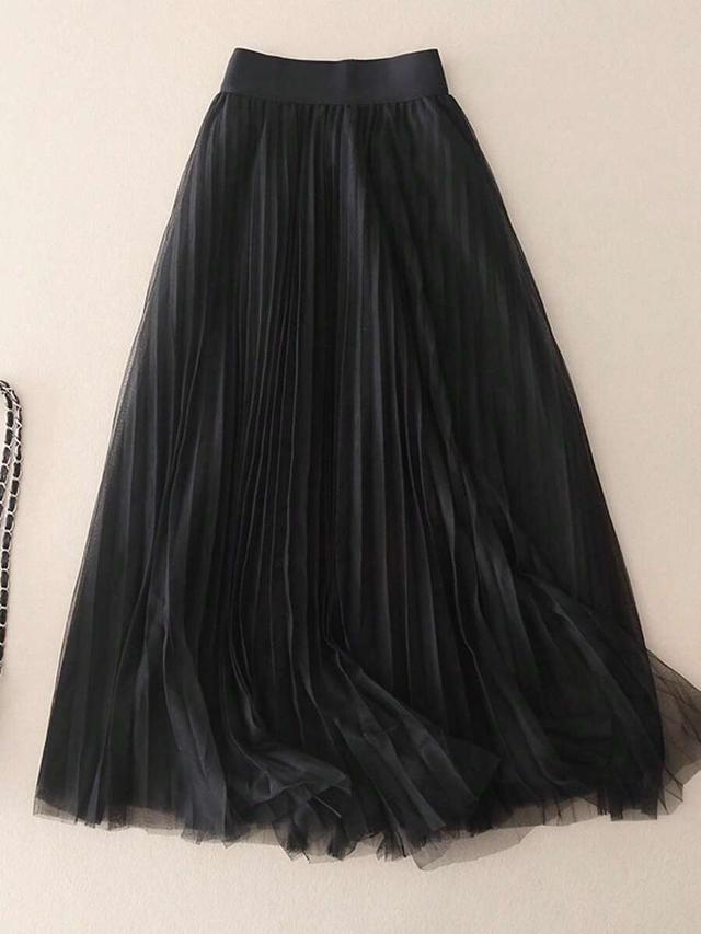 elegant black pleated mesh a-line skirt