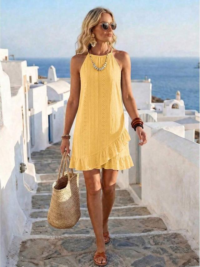 yellow eyelet cotton halter dress with ruffle hem