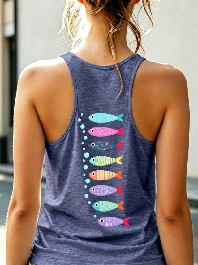 women's blue racerback tank top with colorful fish print
