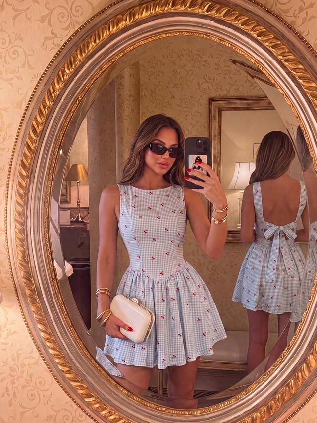 blue plaid cherry print backless sleeveless mini dress