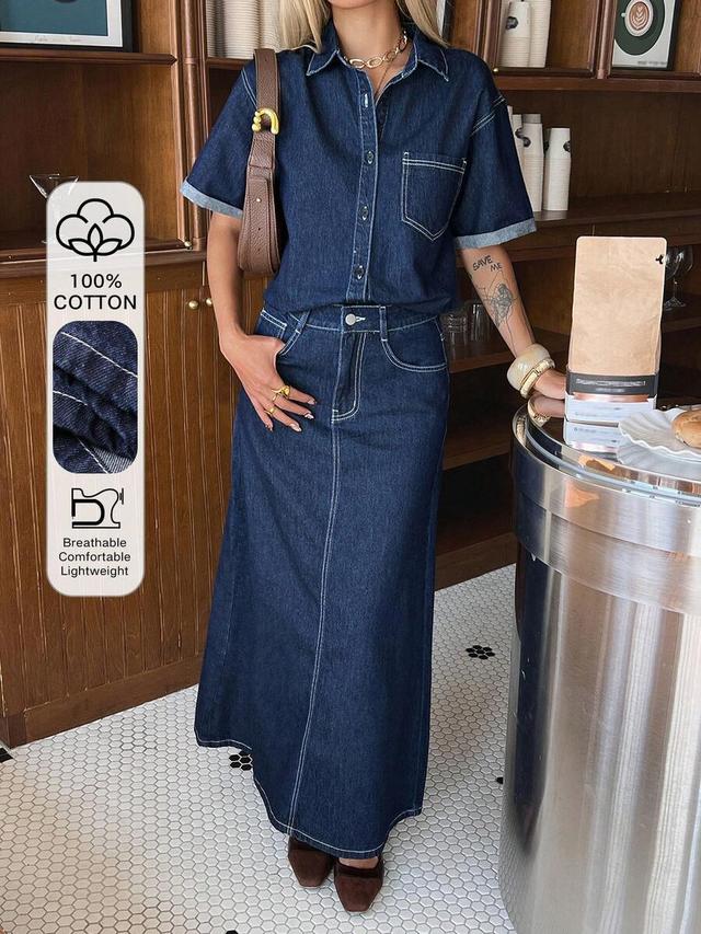 casual dark wash denim shirt and midi skirt set