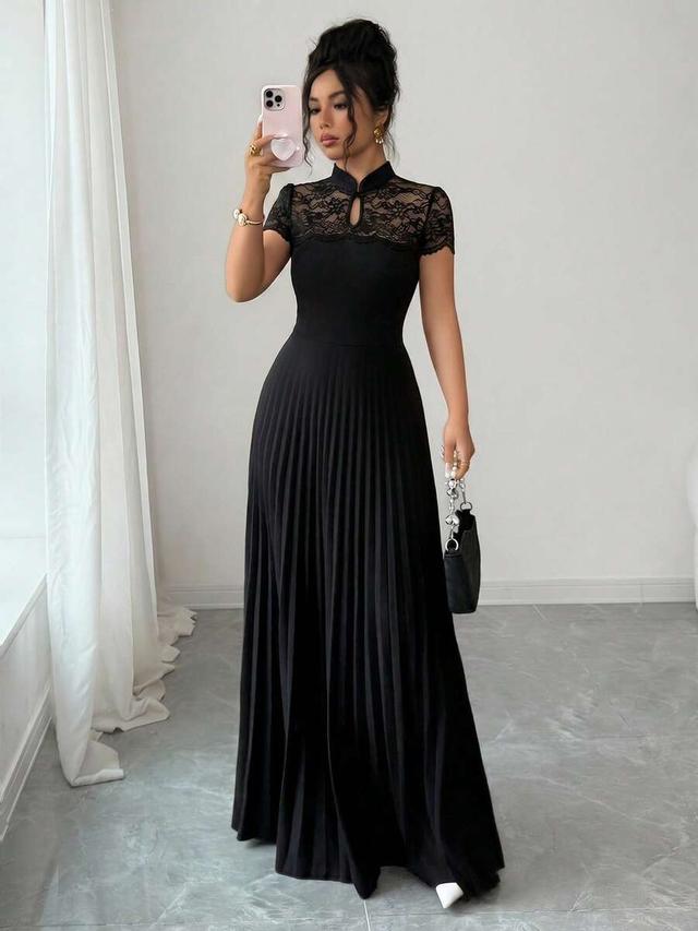 elegant black lace patchwork mandarin collar pleated dress