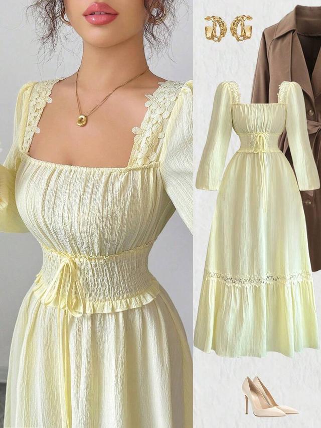 cream yellow square neck ruffled patchwork long sleeve dress