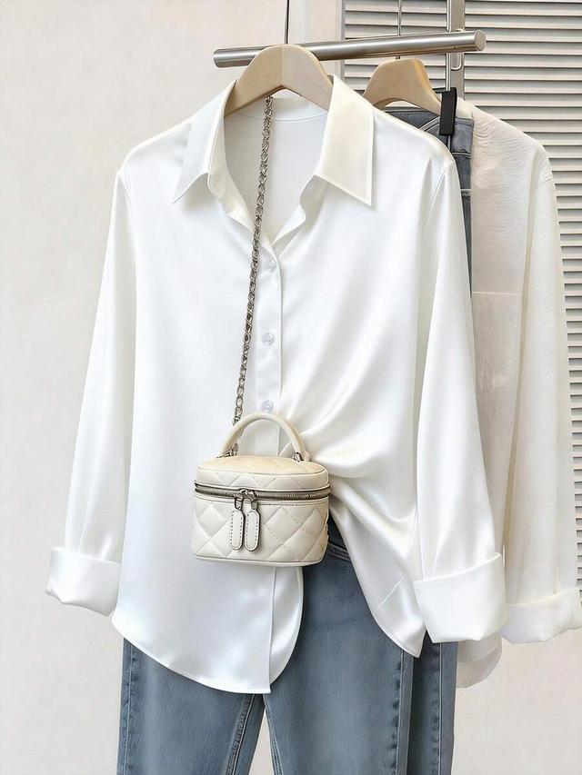 fashionable women's white satin button-up shirt