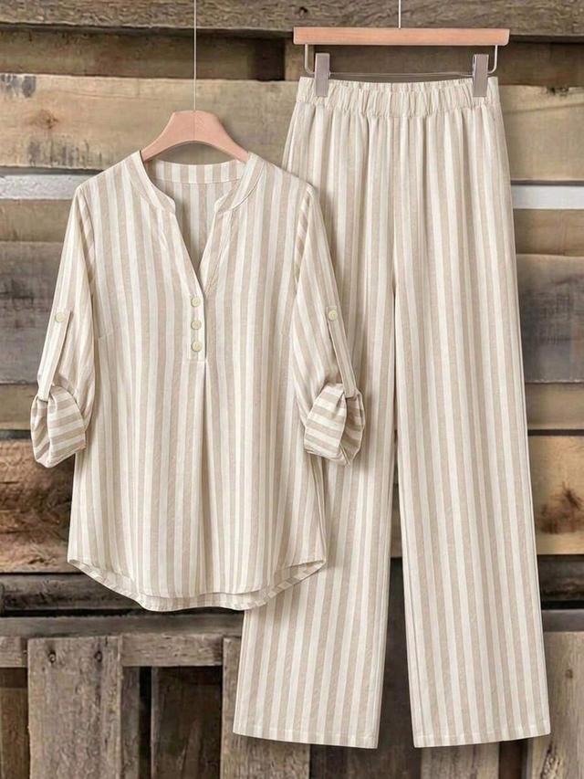 beige striped casual long sleeve shirt and pants set