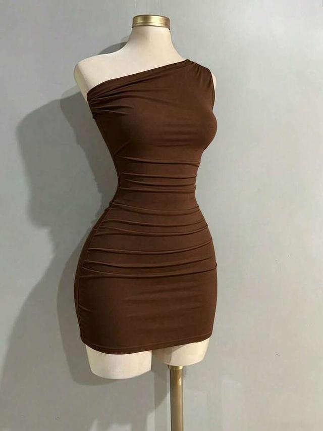 brown one-shoulder ruched slim fit mini dress