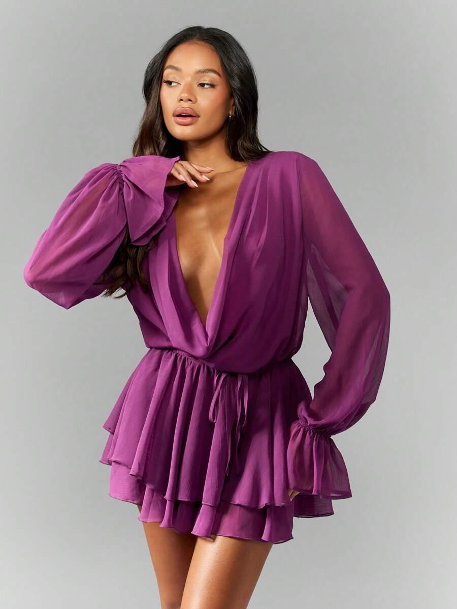 purple chiffon long sleeve mini wrap dress
