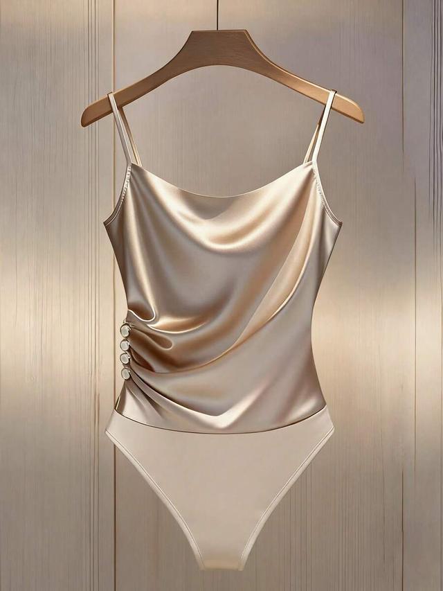 champagne gold satin cowl neck bodysuit with side ruching