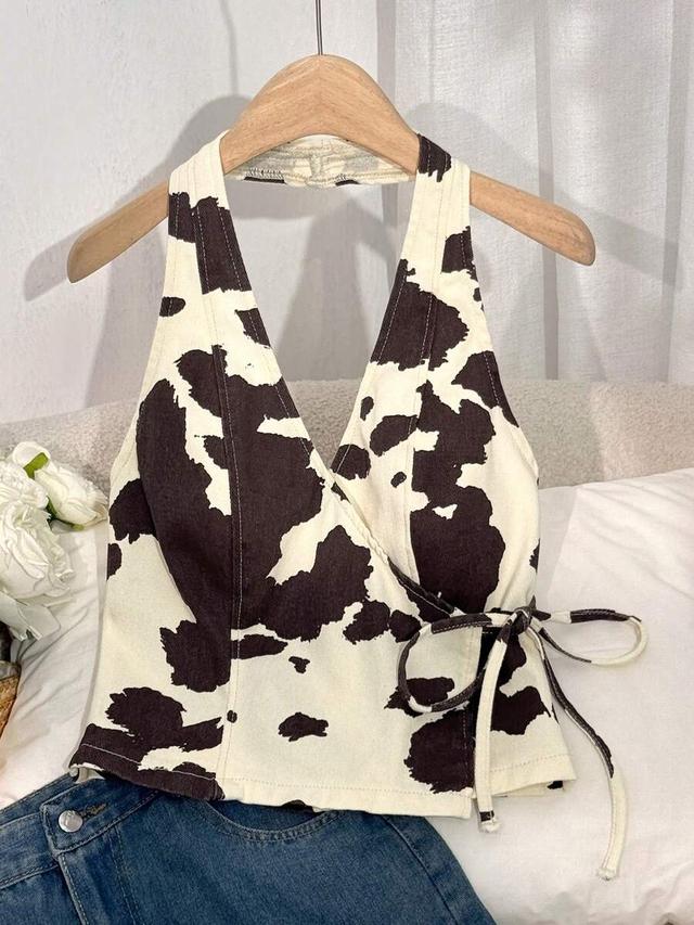 cow print denim wrap tie back halter crop top