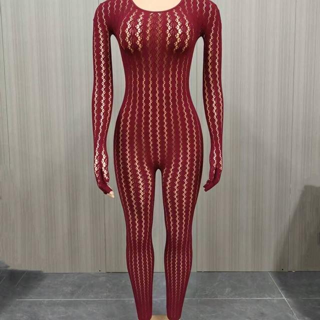 burgundy rhinestone sheer tight mesh bodysuit