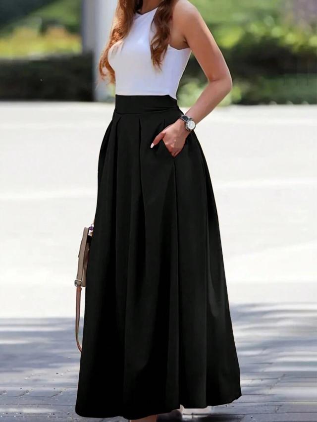 elegant high-waisted black pleated maxi skirt