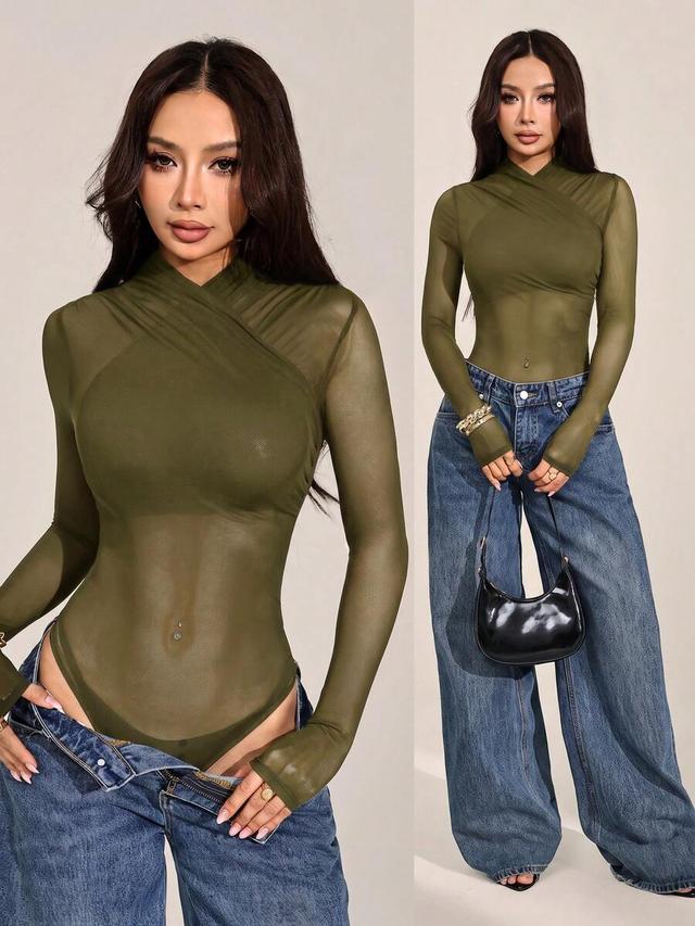 olive green sheer mesh wrap bodysuit