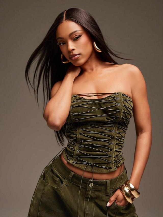 washed denim velvet affect lace up corset top