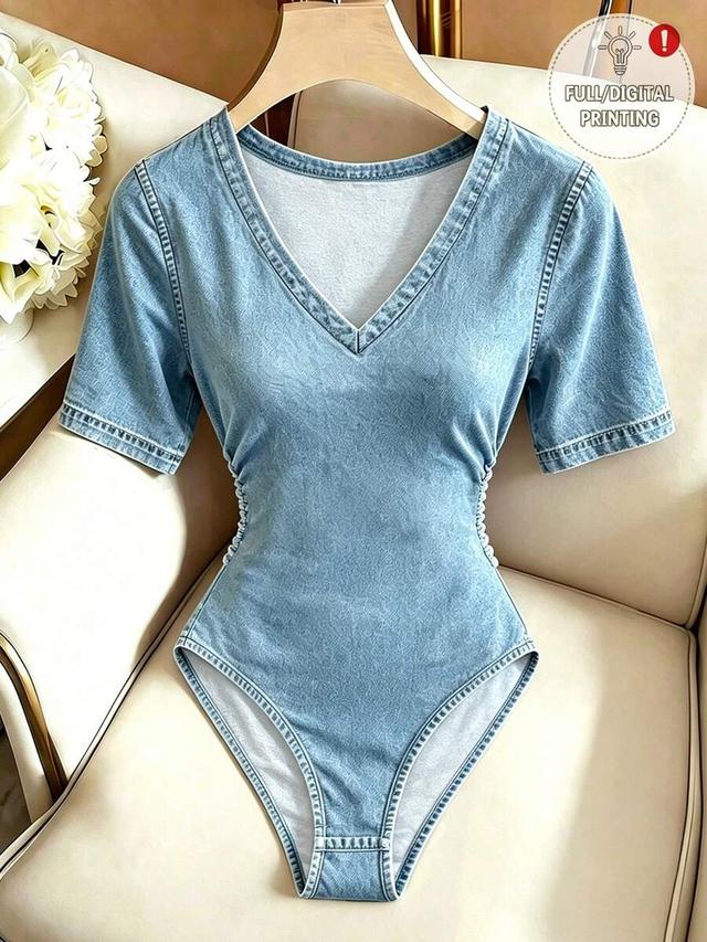 light wash denim v-neck short sleeve bodysuit