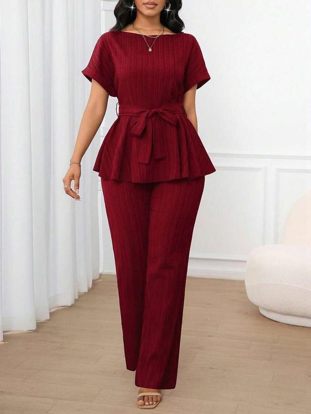 burgundy jacquard short-sleeved peplum top and trousers set