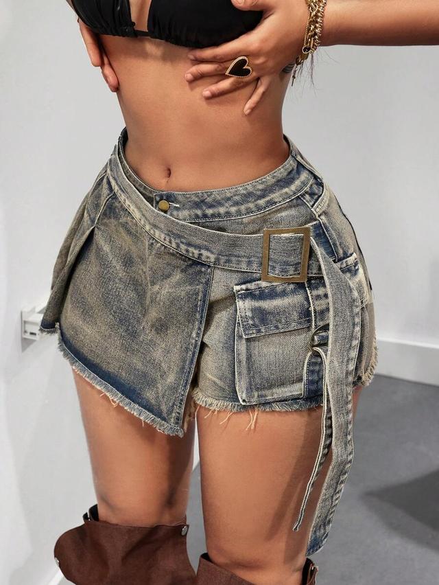washed vintage denim wrap around shorts with buckle