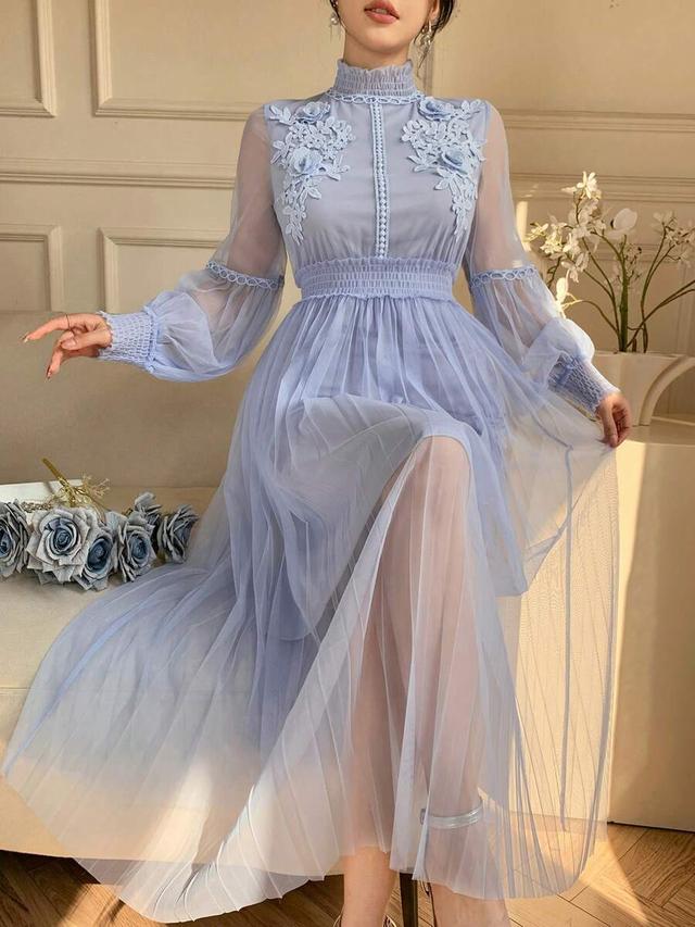 elegant light blue lace collar pleated tulle midi dress
