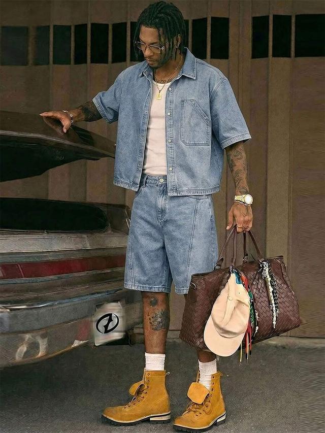 light wash denim short sleeve shirt and shorts set
