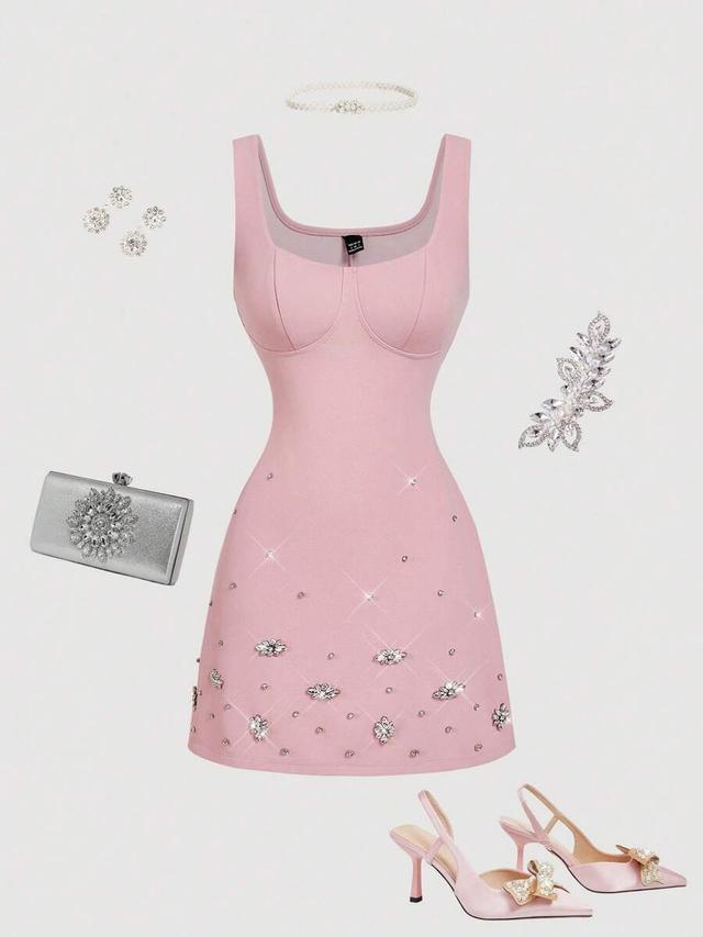 soft pink rhinestone sleeveless bodycon mini dress