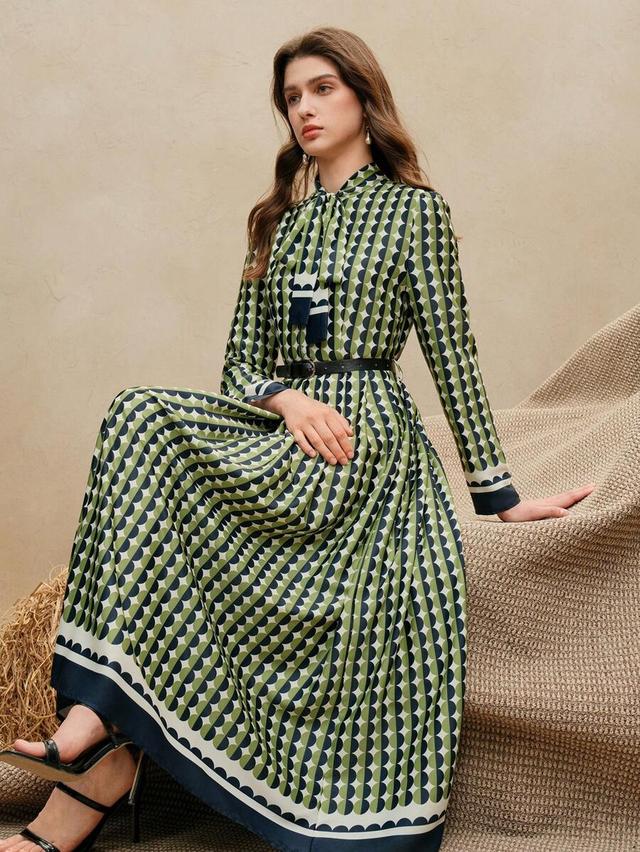 vintage elegant polka dot print tie-waist ruffle dress