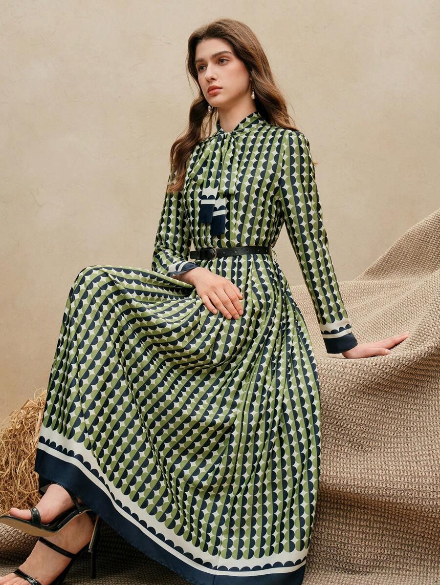 vintage elegant polka dot print tie-waist ruffle dress