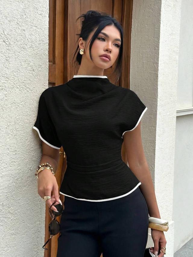 siren gaze wrinkled collar asymmetrical sleeve side ruched shirt