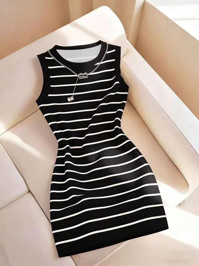 black and white striped sleeveless knit mini dress