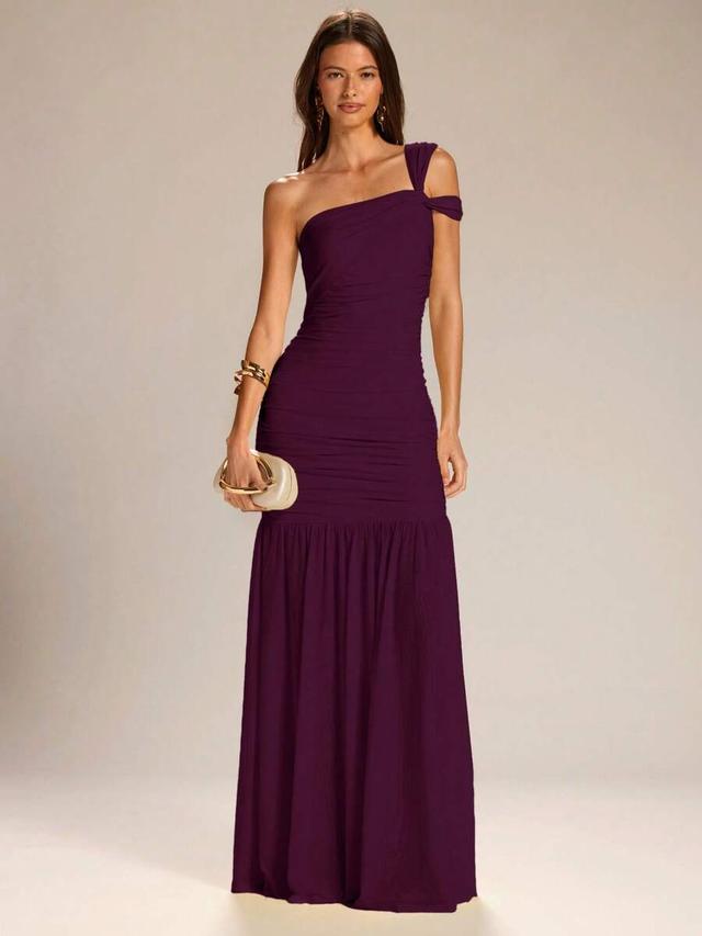 deep purple one-shoulder ruched maxi dress