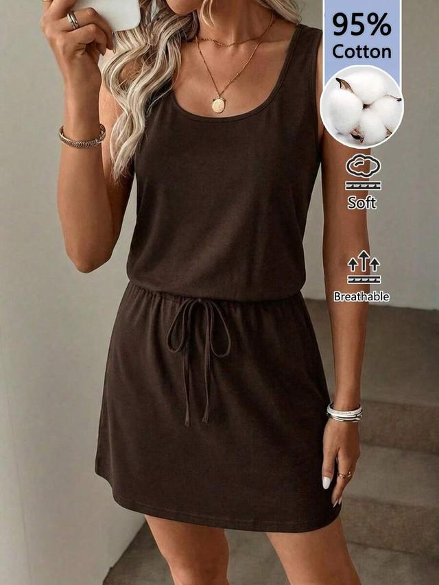minimalist brown cotton sleeveless drawstring waist dress
