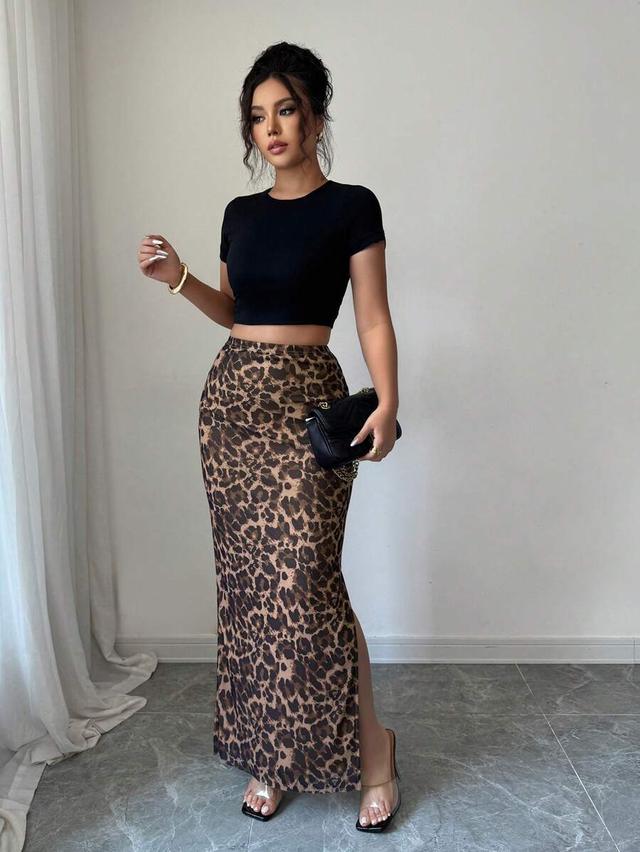 leopard print mesh fitted maxi skirt