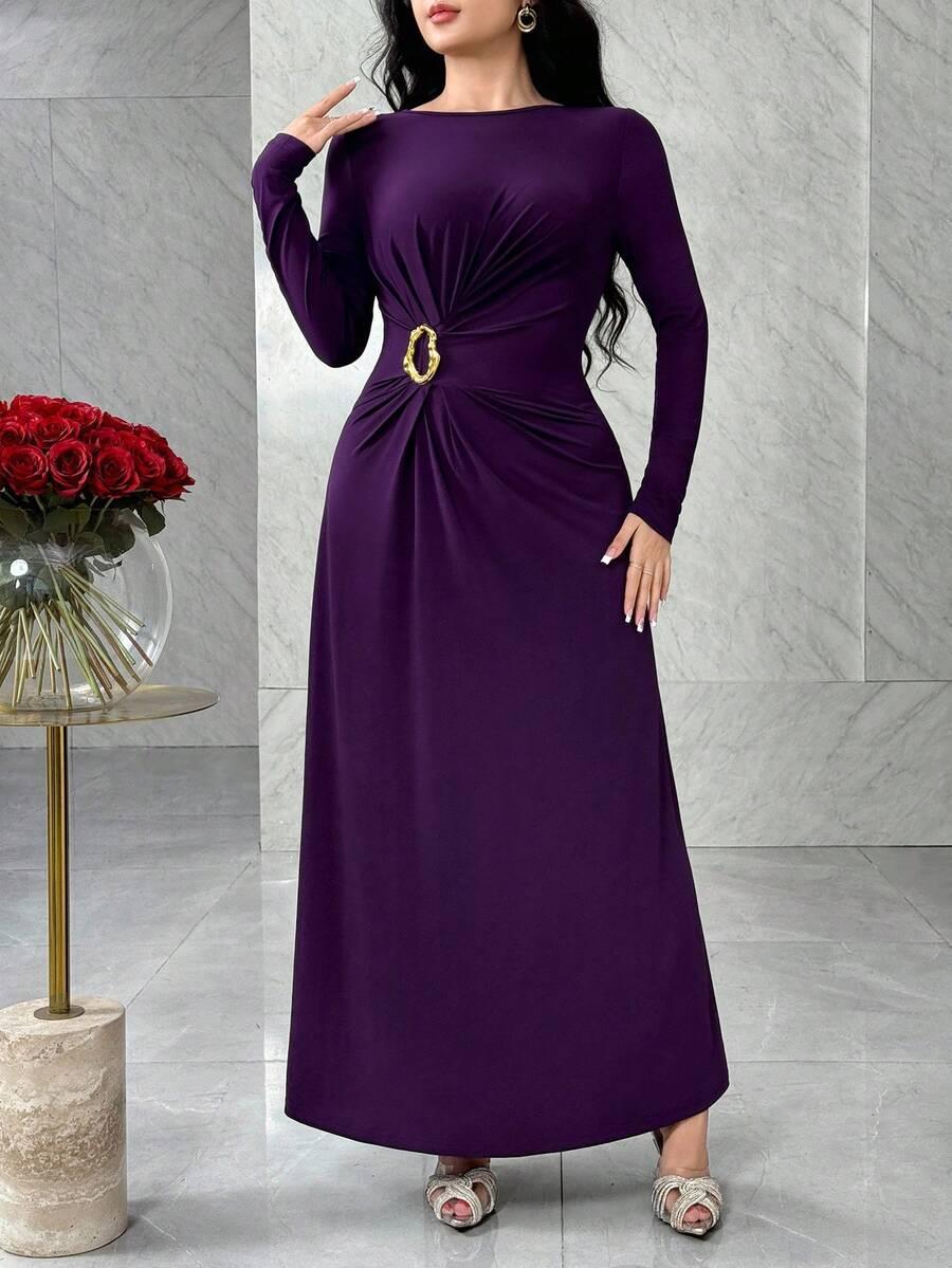 feyla waist ruched slimming decorative button elegant dress