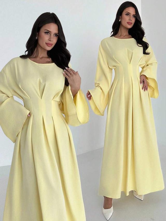elegant pale yellow ruched waist flare long sleeve dress