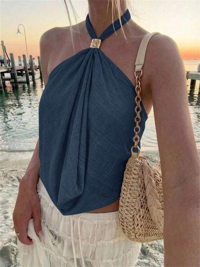 navy blue backless halter top with metal buckle