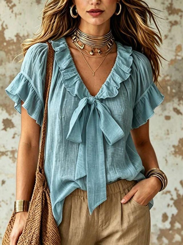 ruffle collar bow tie pullover blouse