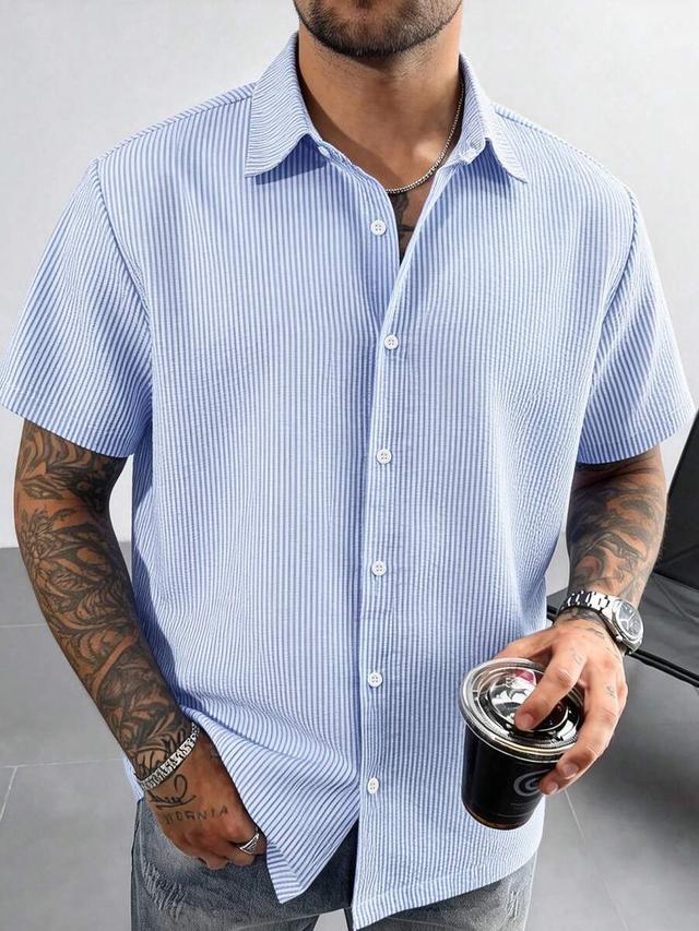 gloman men's blue white striped seersucker short sleeve shirt