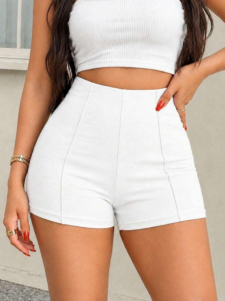 high waist solid white slim fit shorts