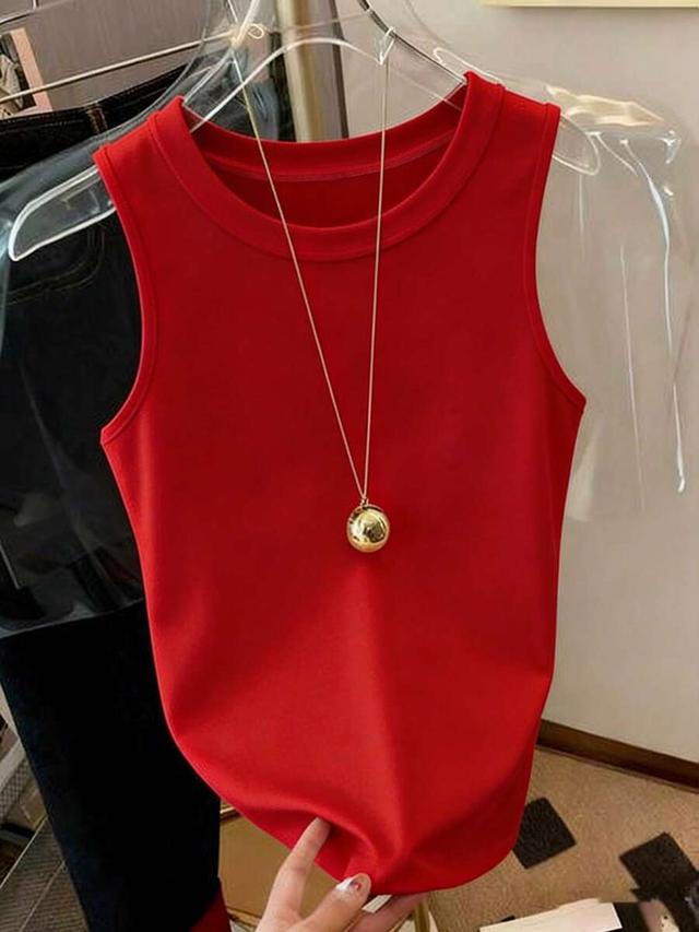 solid red round neck casual tank top