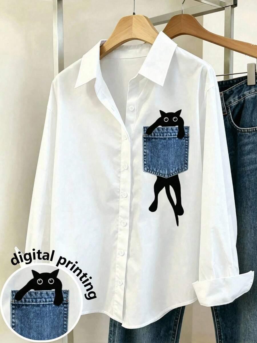 white cotton shirt with cartoon cat print pocket