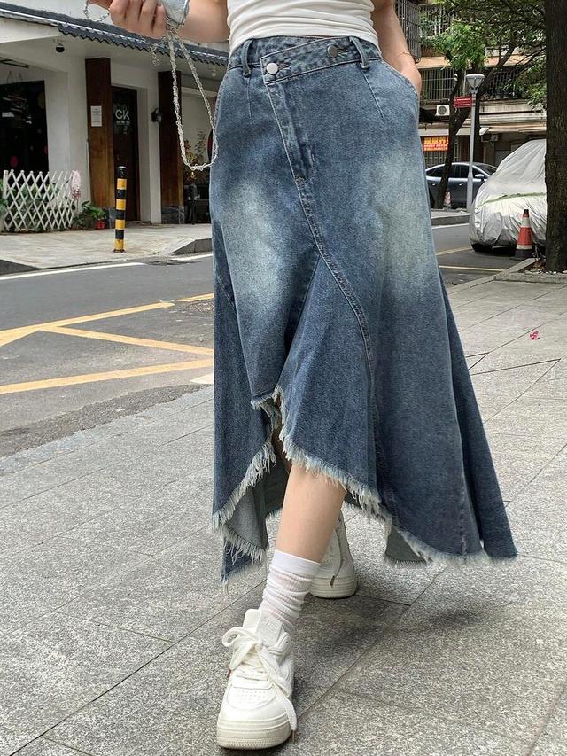 blue dazy women's washed denim asymmetrical raw hem skirt