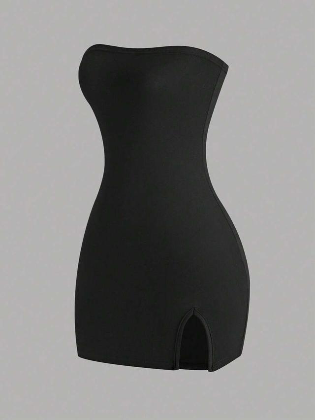 black strapless mini dress with front slit
